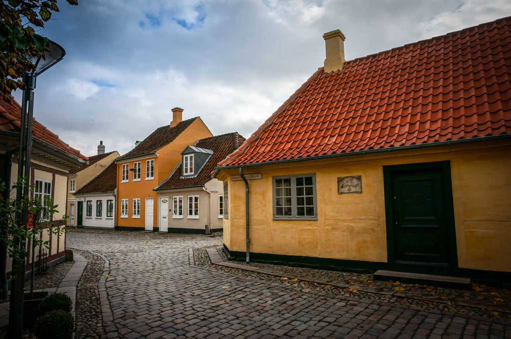 Odense Denmark, Hans Christian Andersen street. Odense in the fall